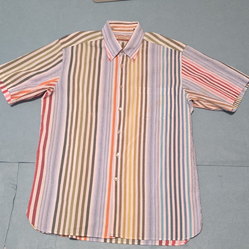 Barry Bricken Men's Striped Short Sleeve Button-Up Shirt Cotton L